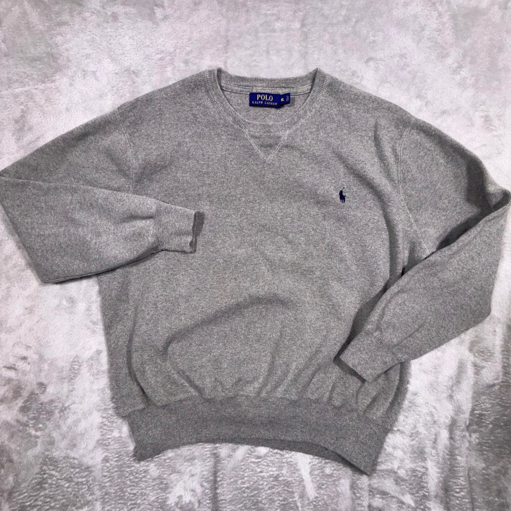 Polo Ralph Lauren Mens XL Gray Cotton Crewneck Sweater Navy Pony Logo